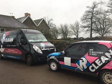 Company van and nissan micra displaying the RClean Wales branding